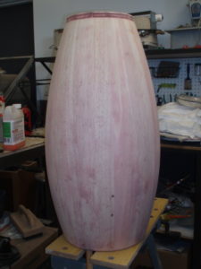 Stripped and sanded. I had hoped to make this drum match the other 2 with "natural" finish. But the stain is too deep, and pink was not an option!